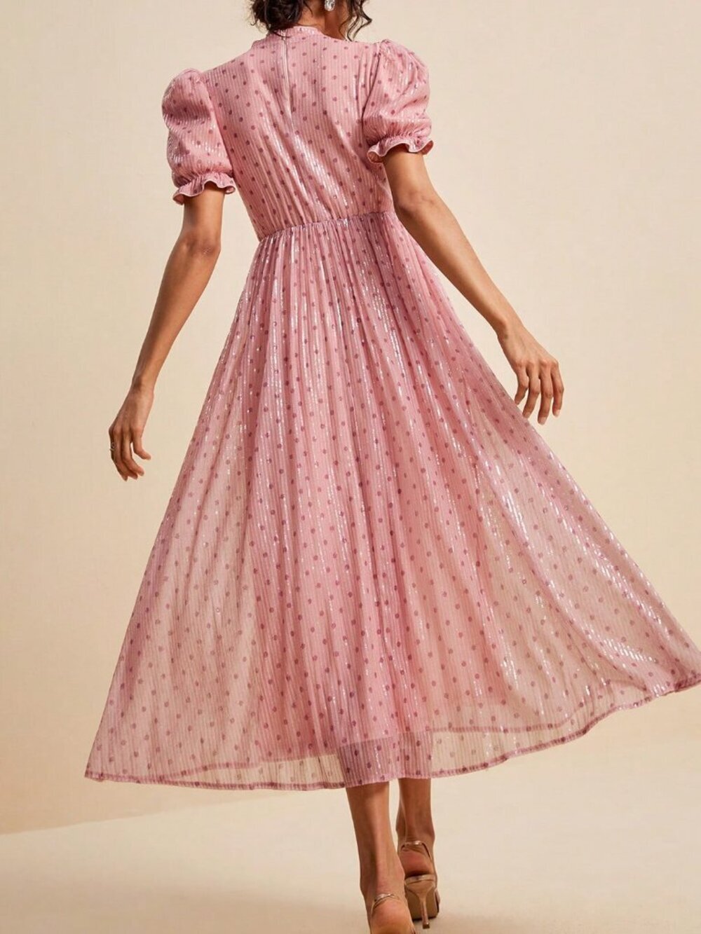 Pink Elegant Women's Polka Dot Beaded A-Line Dress - Picture 2 of 8